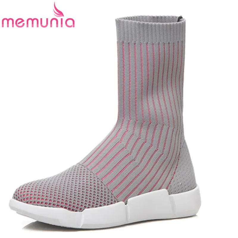 

MEMUNIA 2018 new arrival round toe sock boots spring autumn casual ankle boots for women slip on fashion female shoes gray