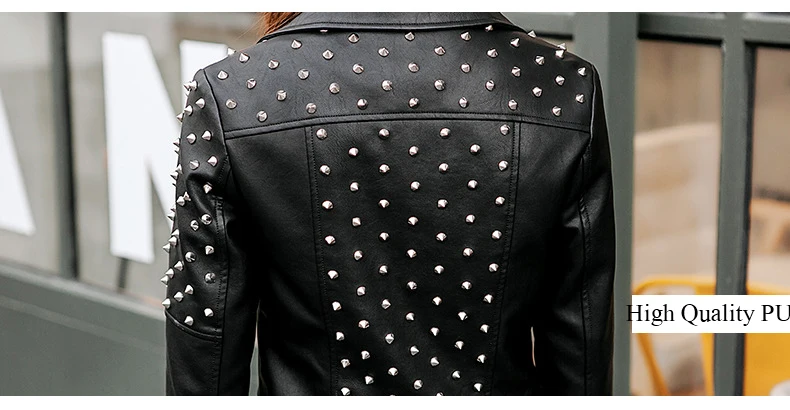 Весна панк кожаная куртка Для женщин Шипы звезды тонкий заклепки Мотоцикл черный Куртки из кожзама lf17013