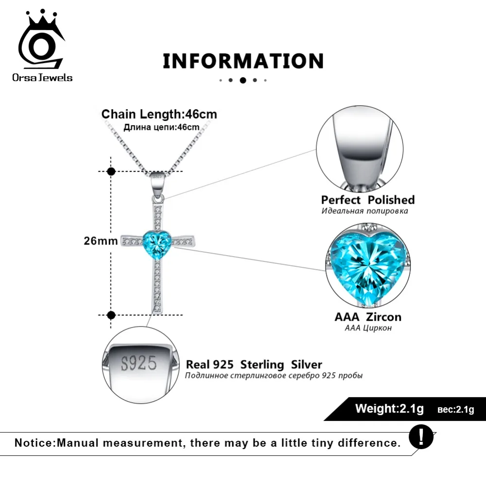 ORSA JEWELS 925 пробы Серебряное женское ожерелье s& Кулоны в форме Креста голубое сердце AAA циркониевое ожерелье модное ювелирное изделие SN88-L