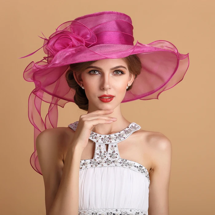 2016 New Elegant Woman Wedding Hat Pearl White/ Fuchsia Crystal Organza