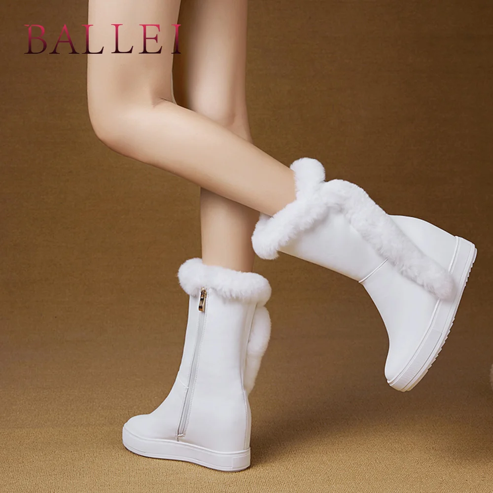 Sólido Botas Moda Cálida Zapatos Pu black Mujer Invierno Lujo Elegante Redonda White Lana Calidad De Ballei Tacón Punta B96 wSqxXgvn