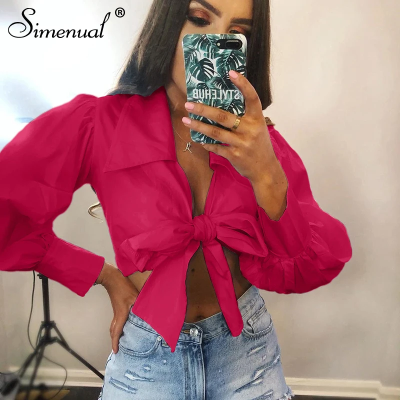 

Simenual Fashion Bandage Pink Shirts Women Long Sleeve Cropped Blouses 2019 Autumn Deep V Neck Sexy Hot Blouse Shirt Ladies Slim