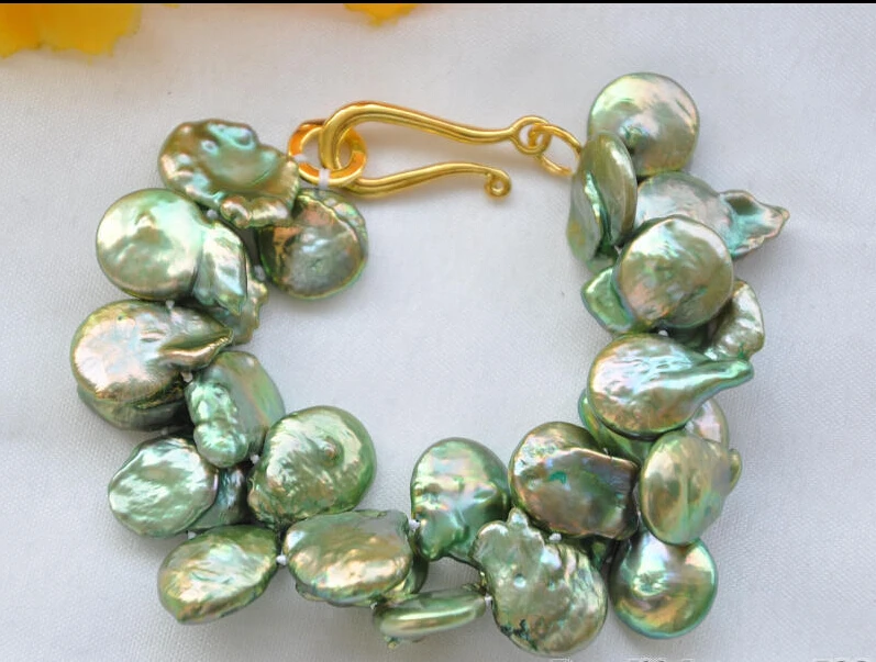 

FREE SHIPPING ******Z5406 BEAUTIFUL 2row 8" 15mm coin green Freshwater cultured pearl bracelet