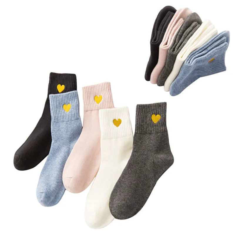 

5Pairs Women Sock 2019 Spring Autumn New Japanese Gold Line Love Heart Embroidery Woman Cotton Long Sock Girl Lady Art Sock Sox