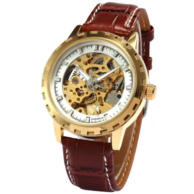 SHENHUA 9560 Для мужчин, с подкладкой, Ретро стиль, с мотор чехол Скелет циферблат кожаный ремешок автоматические механические часы Heren Horloges Montre Homme - Цвет: Gold White