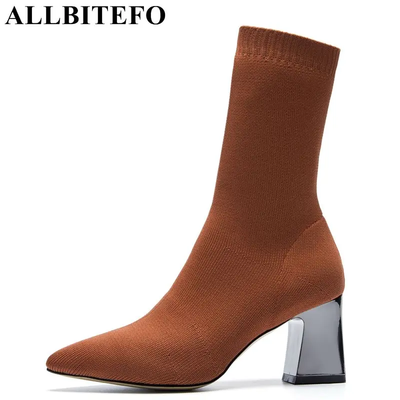 

ALLBITEFO brand comfortable breathable knitting women shoes high heel ankle boots sexy pointed toe motocycle boots for girls