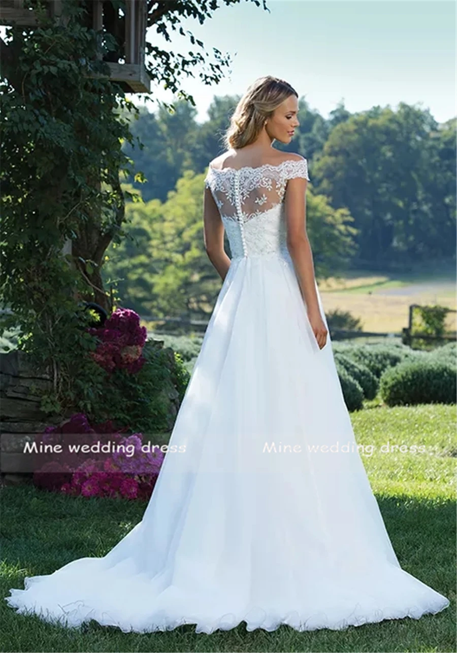 Princess Portrait Neckline Illusion Beaded Lace And Tulle Off The Shoulder Wedding Dress A-Line Button Back Bridal Gowns