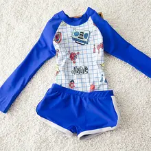 Милый детский купальный костюм для мальчиков высокого качества, купальный костюм из двух предметов для подростков с рисунком из мультфильма, синий детский банный костюм детская одежда для пляжа 3-8 лет