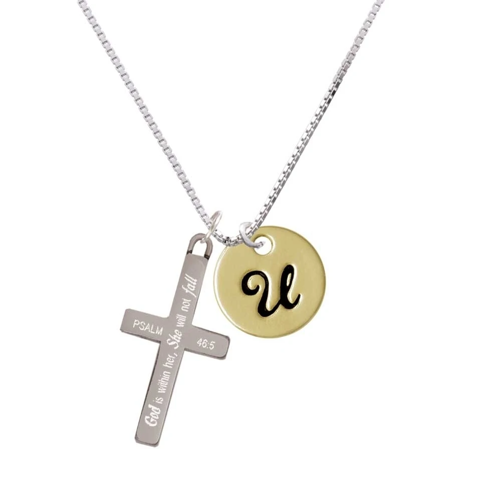 Large Gold Tone Disc Letter - U - 3/4'' - She will not Fall - Cross Necklace