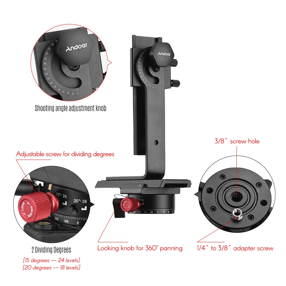 Andoer 720 градусов панорамной головкой, в том числе 360 градусов Поворотный фиксатор для панорамной съемки+ 2 Way рельсовый ползунок+ держатель Г-образный кронштейн комплект