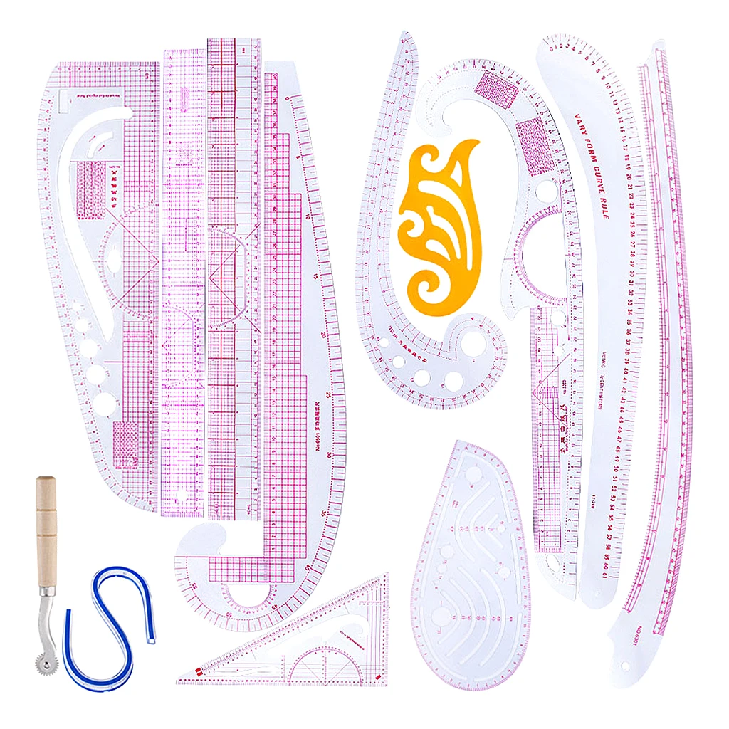 13 Pieces Multi-Style Design Drawing Comma Line Straight French Curve Ruler Set Clothing Design Rulers for Drawing Cutting Plate