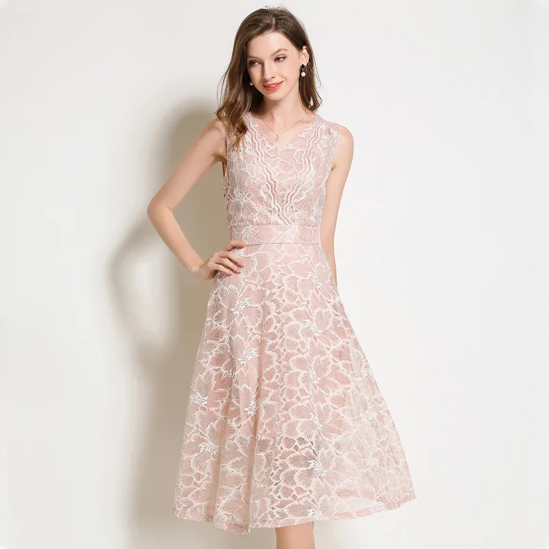 2018 Summer Lace Dress Work Casual Slim Work Women Party Dresses V-neck Sexy Hollow Out A-line Vintage Vestidos