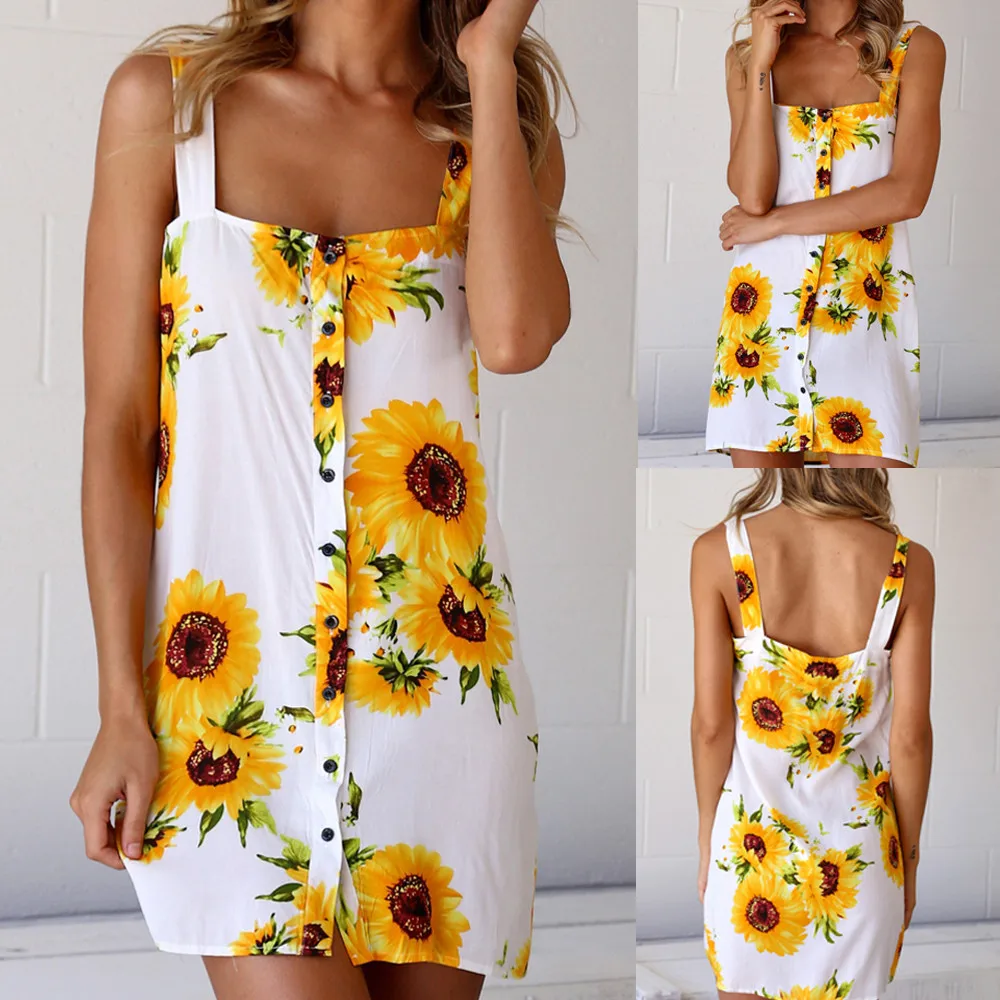 

Womens Sleeveless Dress Ladies Floral Print Button Everything Party Mini Dress 3.11
