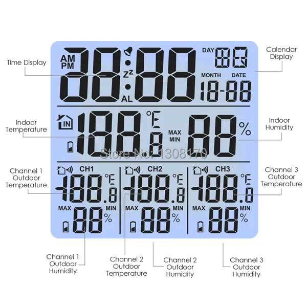 Цифровой термометр и гигрометр с 3 крытыми/наружными беспроводными датчиками для черного светодиодный ЖК-дисплей с будильником
