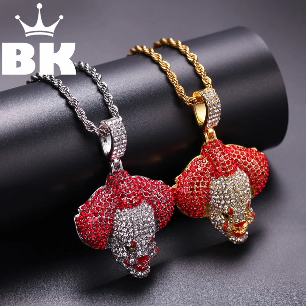 

New HipHop King Iced Out Clown & Pendant With Twist Chain Gold Color Bling Rhine stone Men's Hip hop Jewelry