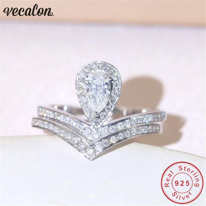 

Vecalon Water Drop 925 Sterling Silver ring sets 5A Zircon Sona Cz Engagement wedding Band rings for women Bridal Finger Jewelry
