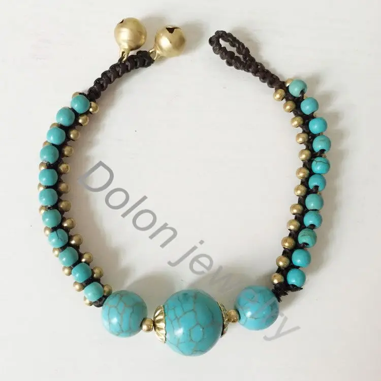 #*Cheap Beaded Handmade Rope Woven Braid Bracelet With Bells Brass Beads Vintage Nepal Ethnic Jewelry