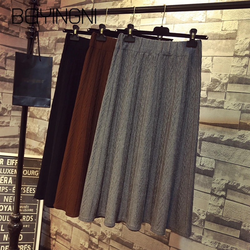 

Beiyingni Korean Elagant High Waist Skirts Women Pleated Knitted Gray Brown Black Skirt Solid Color Work Wear Saias Mujer Faldas