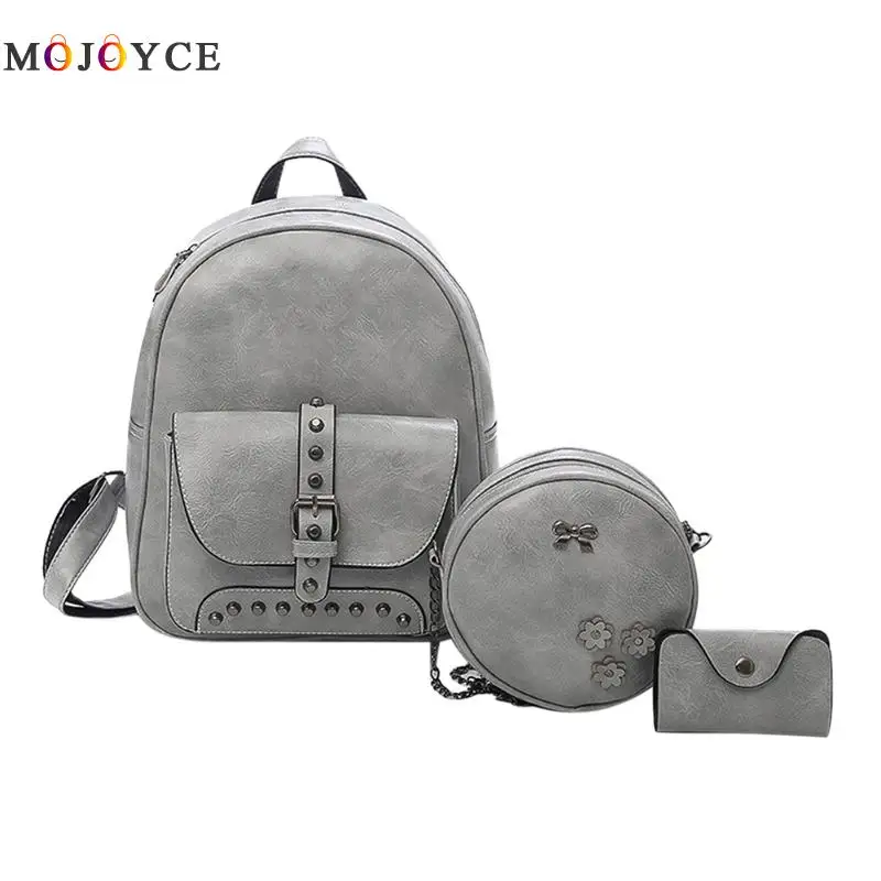

3pcs/set Rivet Backpack Women Solid Flap Pocket Zipper Teenager PU Leather Backpack Mochila Feminina sac a dos femme