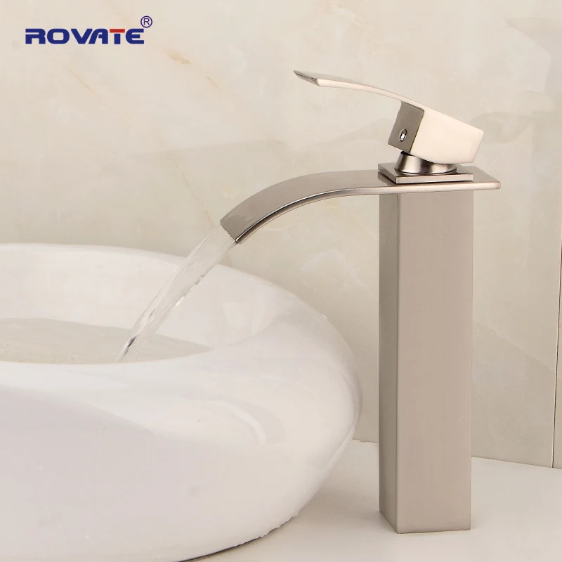 

ROVATE Bathroom Vessel Faucet Nickel Brushed Waterfall Basin Mixer Taps Cold & Hot Sink Faucets Cooper