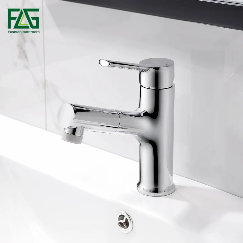 

FLG Basin Faucets Pull Out Chrome Bathroom Sink Crane Copper Sink WC Mixer Taps Hot and Cold Deck Mounted Bathroom Faucet 1061