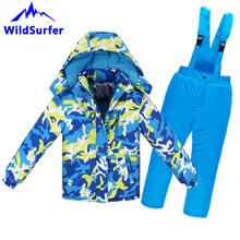 Детские зимние камуфляжные комплекты для катания на лыжах; ветрозащитная теплая куртка для мальчиков и девочек; лыжная куртка для сноуборда; брюки; Детские Зимние костюмы; W304