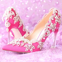 Gorgeous Pointed Toe High Quality Satin Wedding Shoes Rhienstone Elegant Fuchsia Color Prom Dress Shoes Banquet Pumps