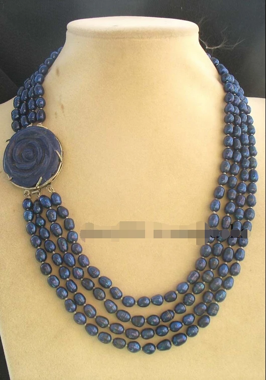 

shipping 4rows freshwater pearl deep blue rice necklace 19-22