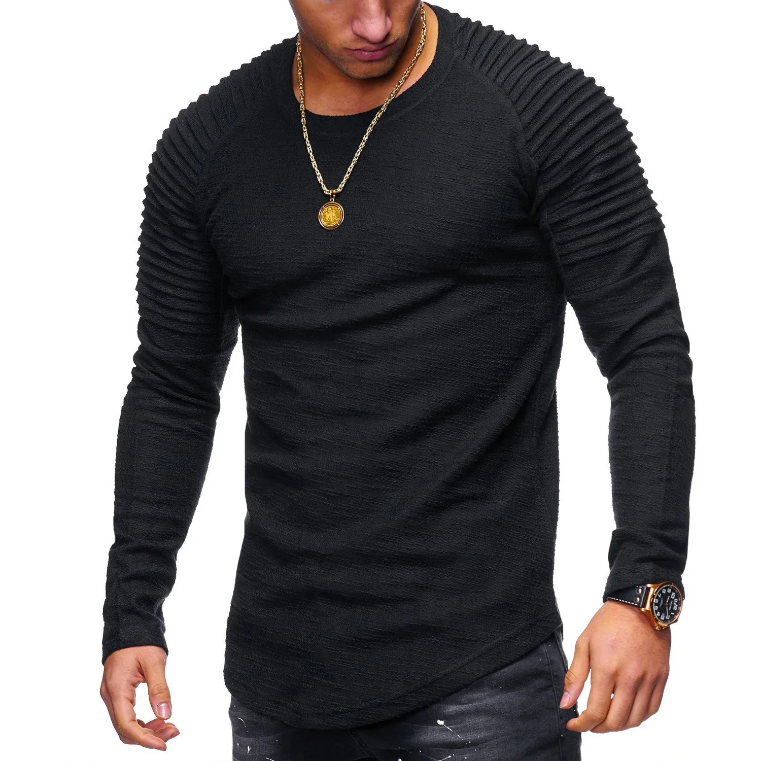New Fashion Men Bodybuilding Casual Fitness Long Sleeve Tshirt Solid Pleated on Shoulder O-Neck Spring Summer T Shirt Men Tops