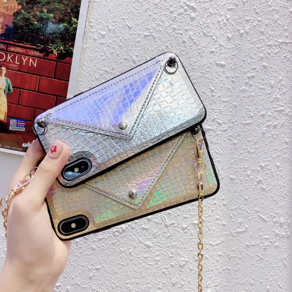 Case For iPhone X Xr Xs Max Case Sexy Snake Skin Laser Flip Wallet Neck Chain Card Slots Stand Case For iPhone 7 8 6S Plus Cover (8)