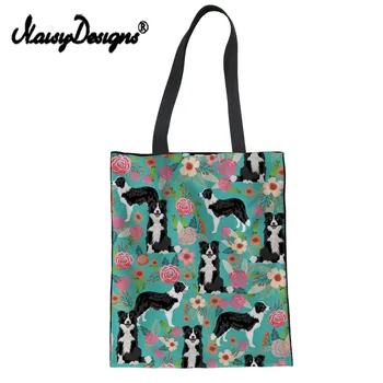 

NoisyDesigns Cotton Women Shopping Bags Canvas Handbag Border Collie Print Reusable Foldable Shoulder School Books Trip Tote Bag