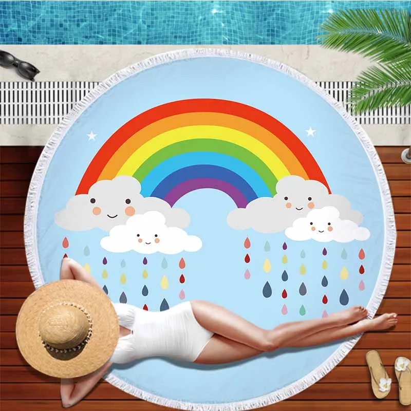 

2019 White Clouds Rainbow Round Beach Towel Tassels Microfiber Absorbent Traveling Swimming Sport Towel Serviette De Plage 150CM