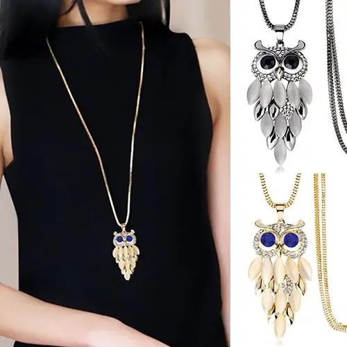 

Women Lovely Owl Pendant Rhinestone Long Sweater Box Chain Necklace Jewelry Choker Feather Pendants Necklaces For Women
