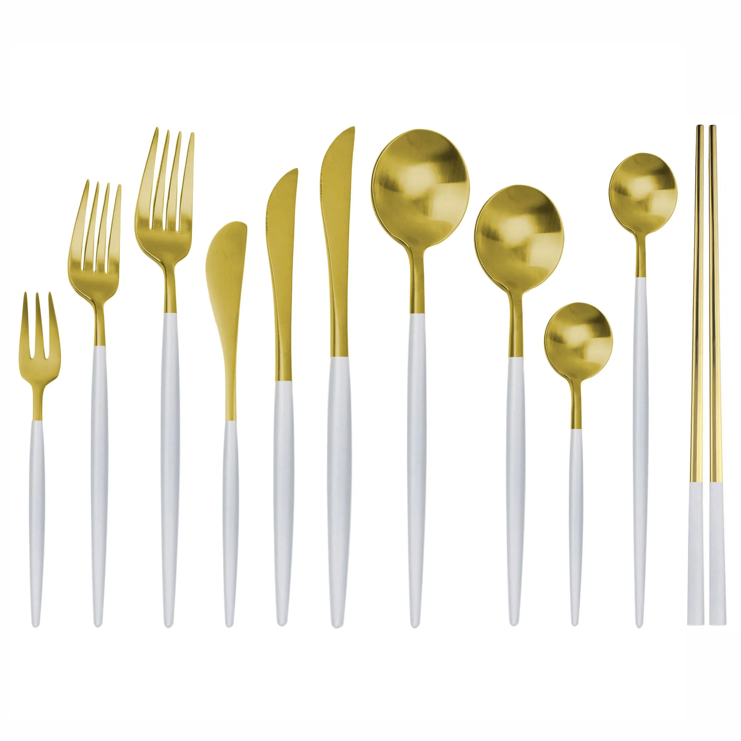 

Dinnerware Set 304 Stainless Steel White Gold Cutlery Set Knife Fork Long Handle Scoops Set Tableware Silverware Drop Shipping