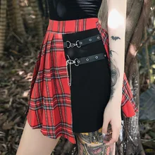 Punk Style Red Plaid Skirt Women High Waist Pleated Mini Skirt with Leather Straps Girls Kawaii Asymmetric Micro Skirt