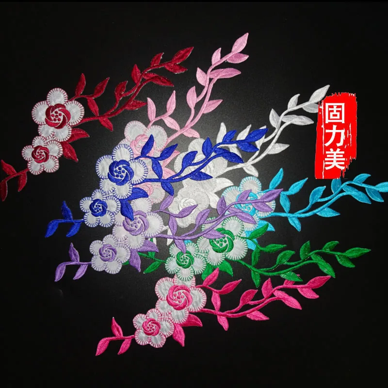 

2pc DIY embroidered colorful green royal blue pink rose patch lace flower floral applique Iron on patches
