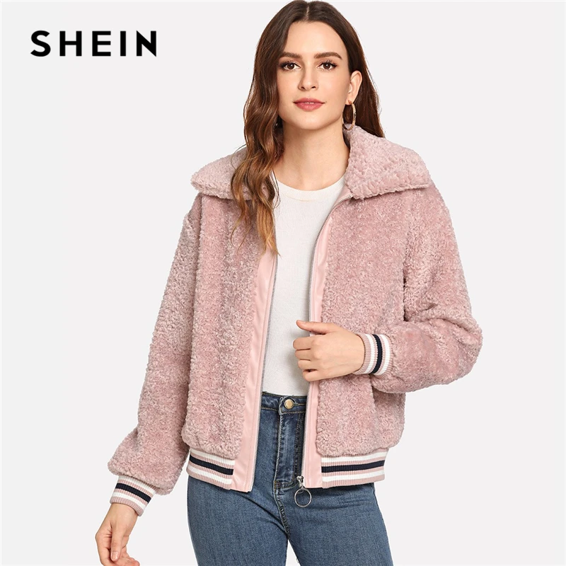 SHEIN Pink Preppy Elegant Zip Up Front Fuzzy Solid Workwear Jacket 2018 New Autumn Campus Women 