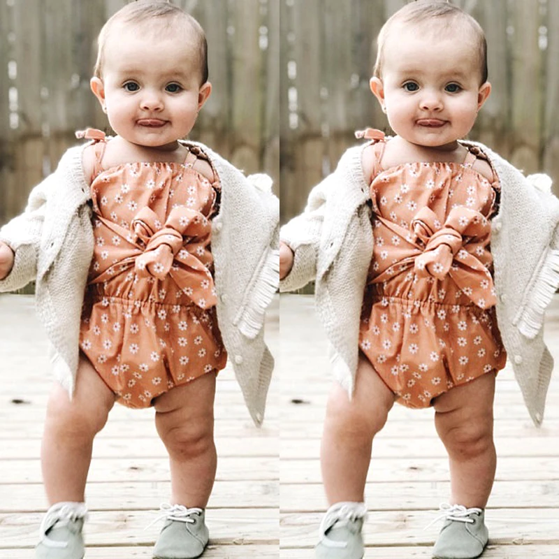 Летняя одежда для новорожденных девочек; Детский комбинезон с цветочным принтом и ремешком и бантом; Sunsuit