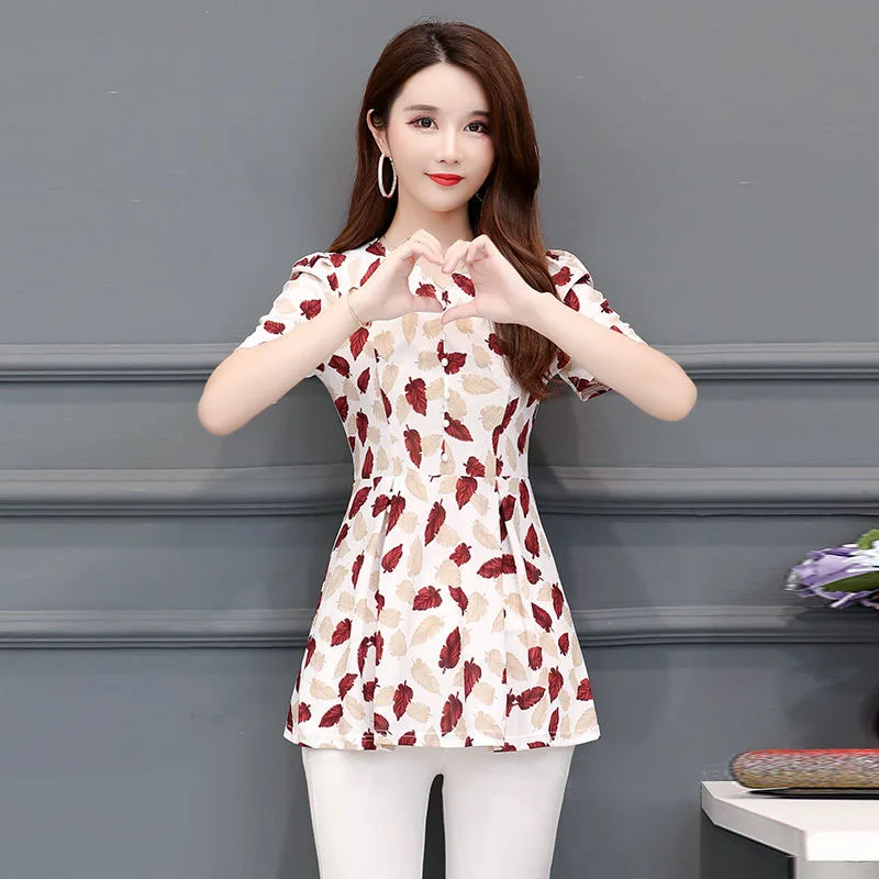

Women Spring Summer Chiffon Blouses Shirts Lady Casual Pleated Style Short Sleeve O-Neck Printed Blusas Tops DF2671