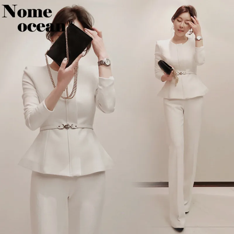 

Ruffle Waist Belted Two Pieces Suit Sets Office Lady Blazer and Pants 2018 Autumn Belted Peplum Suit Jackets Trousers M18100701