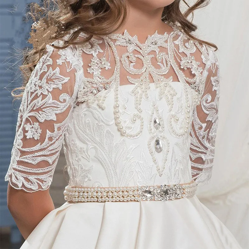 Little-Princess-Half-Sleeves-Flower-Girls-Dress-for-Weddings-Sheer-Lace-O-Neck-Pearls-Satin-First (1)