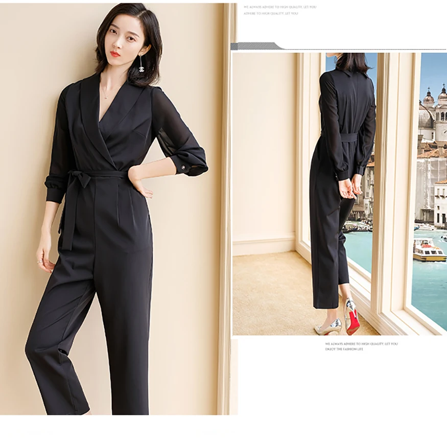 2019 New Plain Black blue Office Ladies Workwear Jumpsuit Wrap Lace Detail Tailored Long Sleeve Pockets Women Elegant Jumpsuit