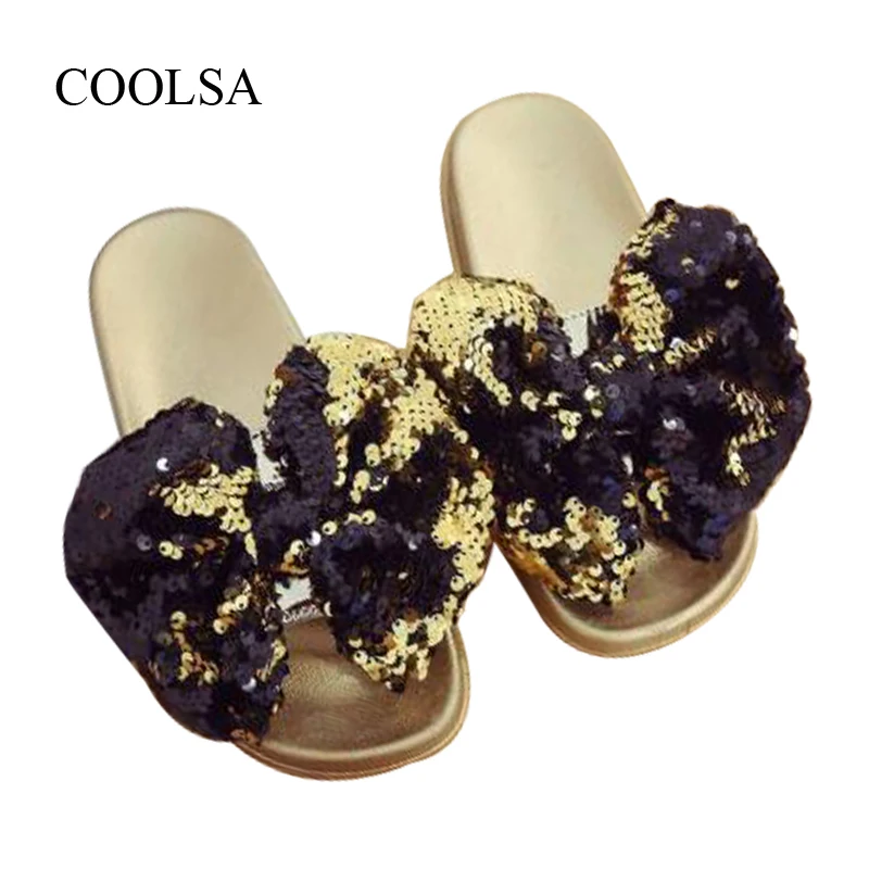 

COOLSA Women's Summer Flat Sandals Gold Bling Bow Beach Slippers Leisure Hotel Indoor Home Slippers Women Slides Flip Flops Hot