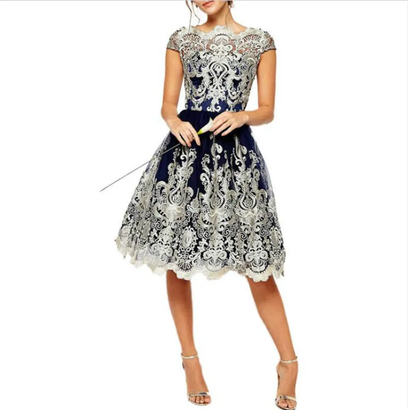 

Vintage Boat Skin Embossed Lace Printed Skater Dresses Short Sleeves Round Skin Care Neck Knee-length Party speedating