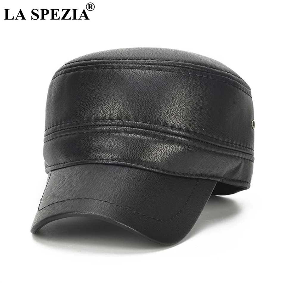 

LA SPEZIA Autumn Winter Military Caps For Men Faux Leather Black Army Caps Navy Hat Male Adjustable Warm Earflaps Captain Hats