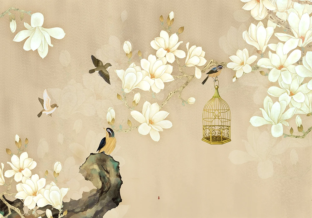 Custom 3d wallpaper new Chinese classical art pen flower bird branch bird cage background wall - silk waterproof material Custom 3d wallpaper new Chinese classical art pen flower bird branch bird cage background wall - silk waterproof material