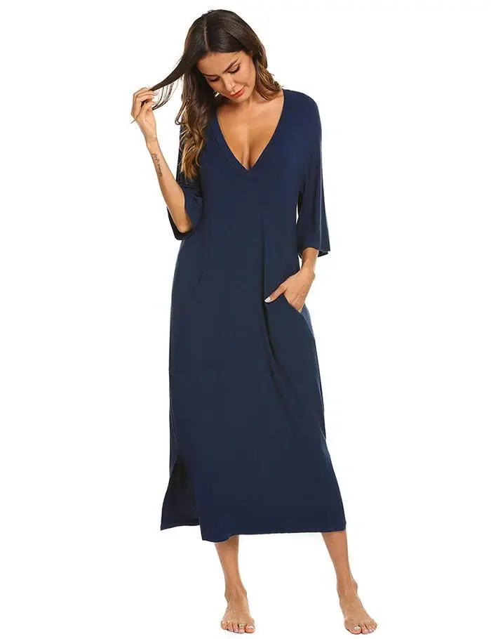 Ekouaer женское длинное платье для сна ночная рубашка с v-образным вырезом 3/4 рукав однотонный карман ночная рубашка Женская свободная Пижама