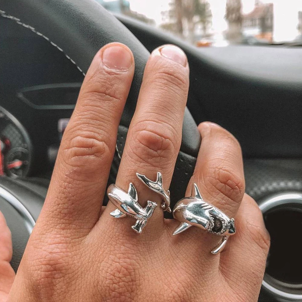 

2 Pcs/set Punk Personality Shark Opening Silver Ring Women Charm Party Jewelry Accessories Christmas Gifts