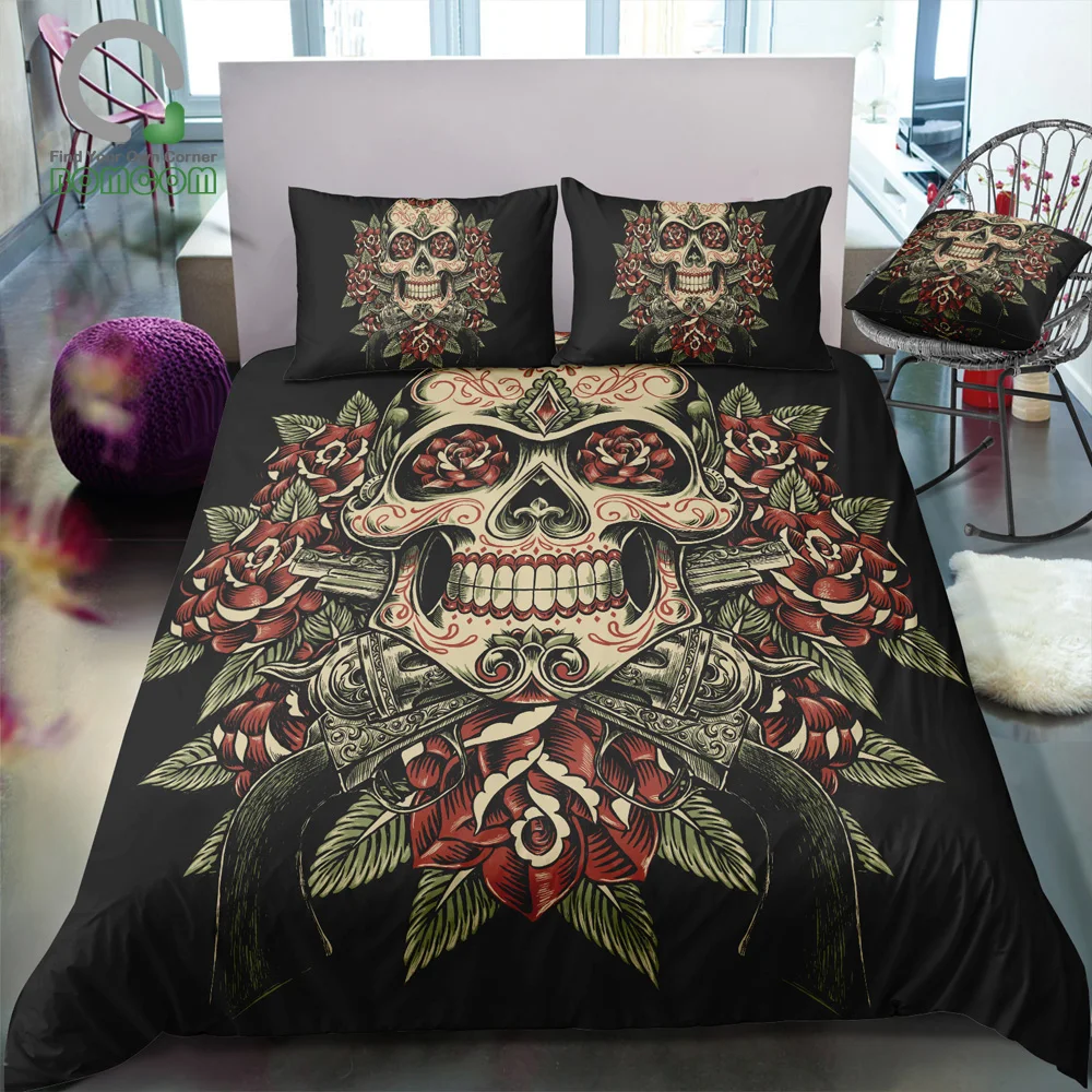 

BOMCOM 3D Digital Printing Duvet Cover Set Skull and Roses with Revolvers Tattoo Bedding Set 100% Microfiber