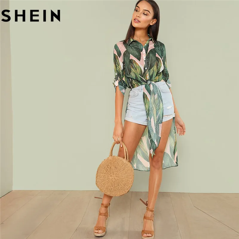 Achat SHEIN Boho Imprimé Tropical Bouton Femmes Longues Chemises De Mode Plage Vacances Cumulées À Manches Longues Noeud Asymétrique Hem Blouses